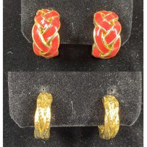 Lot of 2 Pair Clip Earrings Trifari Gold Tone Metal and Unbranded Red Braided